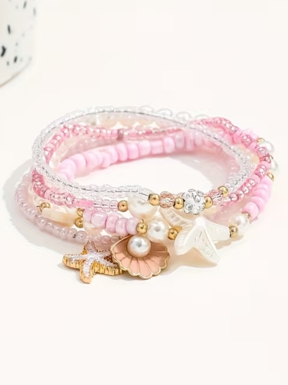 5PC Pink Beaded Charm Bracelet Set